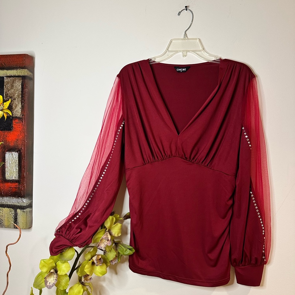 T95- Red Embellished Ruched Blouse